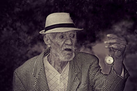 Man Holding Pocket Watch in Grayscale