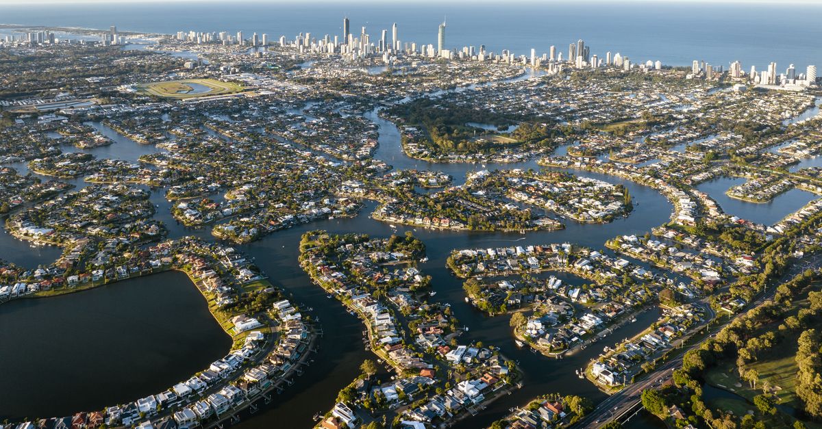 Stunning aerial view of Clear Island Waters, showcasing urban landscape and waterways.