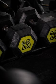 Dark, moody photo focusing on dumbbells at a gym, ideal for fitness themes.