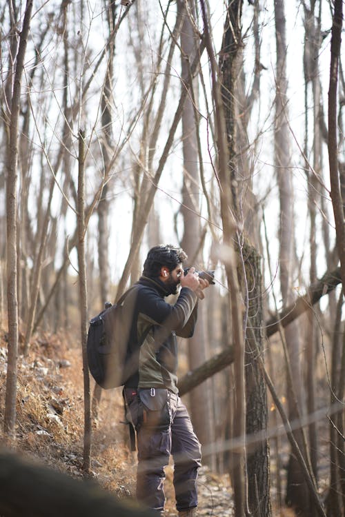 Man Taking Photographs in a Forest 