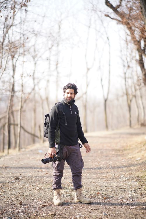 Free A photographer stands with a camera in a serene leafless forest, capturing the tranquil scene. Stock Photo