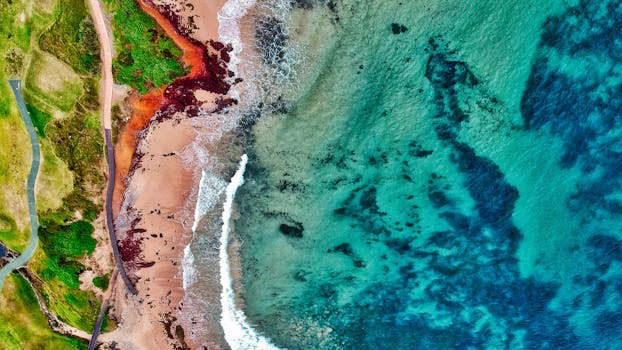 充满活力的空中拍摄捕捉到了五颜六色的海岸线、清澈的蓝色海洋和郁郁葱葱的绿色植物