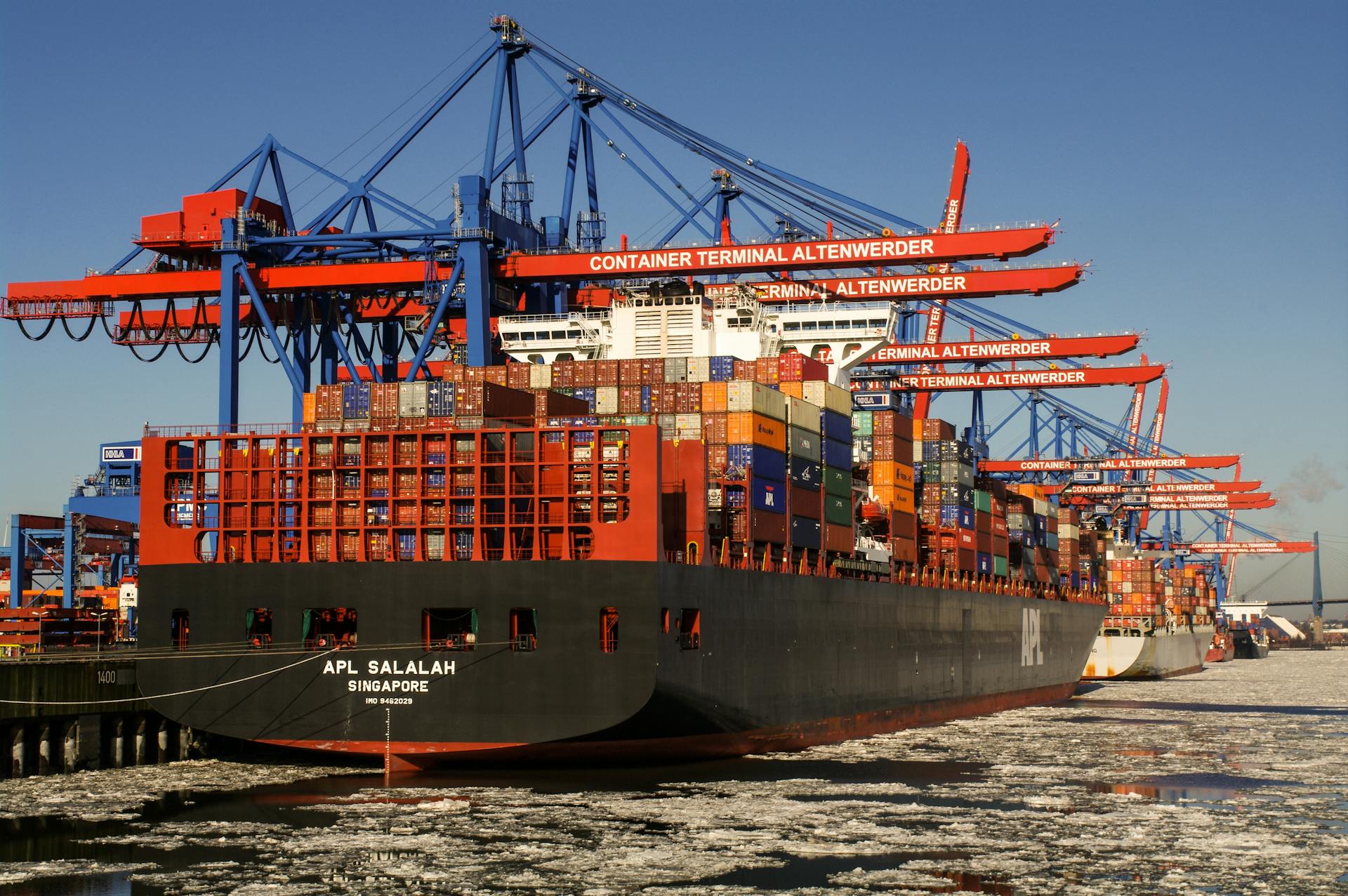 Container ship at Hamburg port with cranes handling cargo, vibrant and bustling logistics hub.