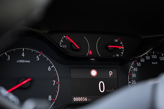 Detailed view of a car's dashboard showing speedometer, tachometer, and control meters.