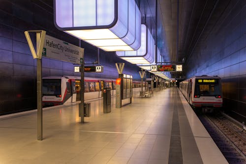 Trains on Both Sides of HafenCity Universitat Station in Hamburg, Germany