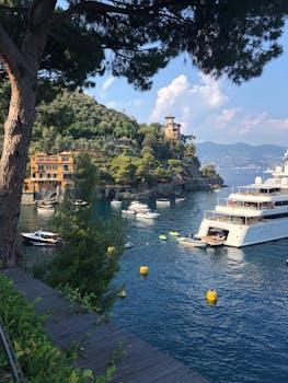 Yachts docked in the picturesque Portofino harbor with lush hills and clear blue waters.