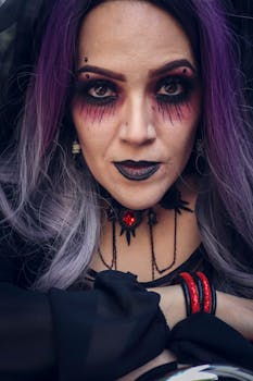 Close-up portrait of a woman with intense gothic makeup and purple hair.