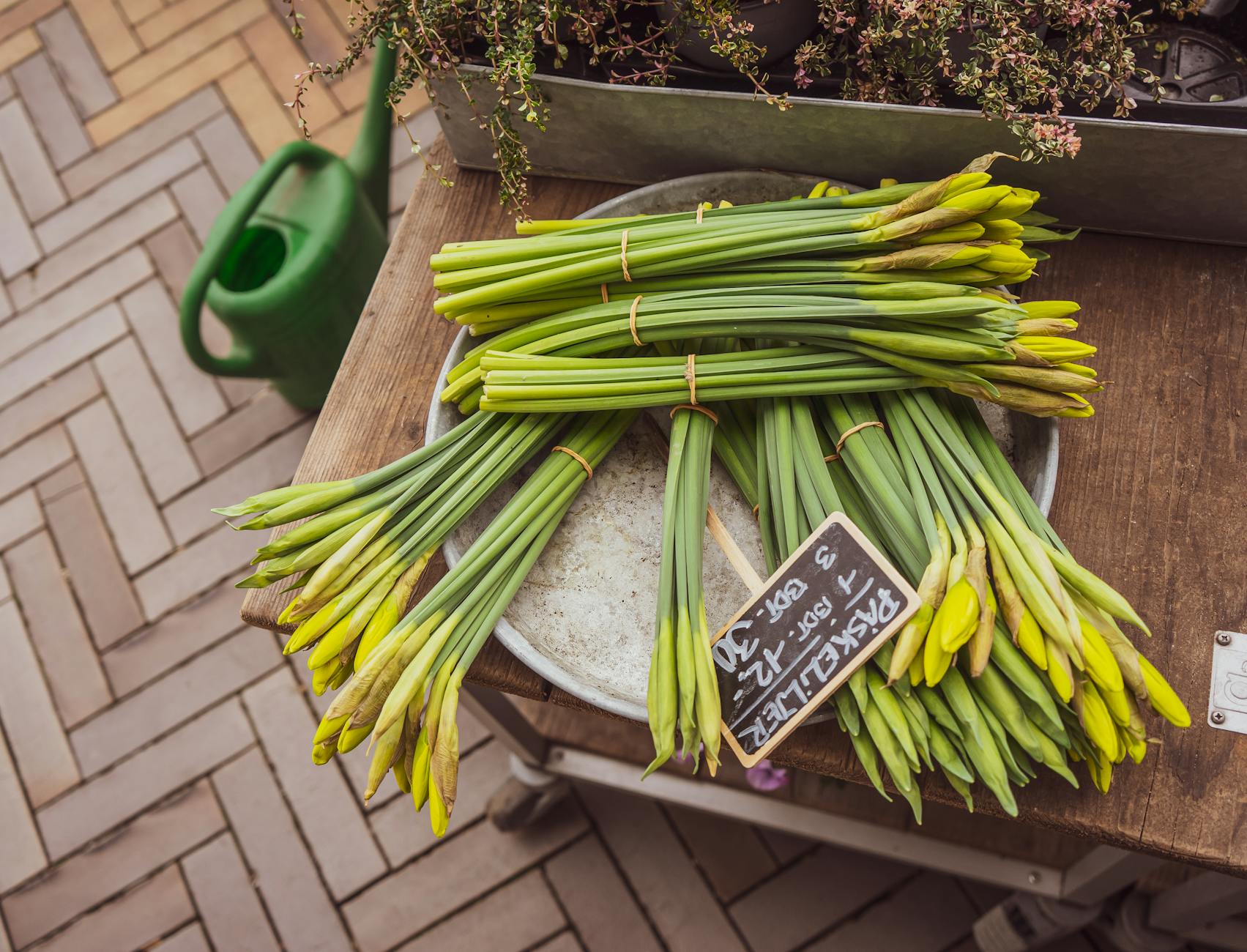 Bright green daffodil stalks bundled for sale on a market table.