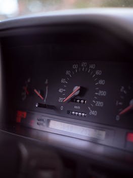 Detailed view of a car's dashboard speedometer showing kilometers per hour.