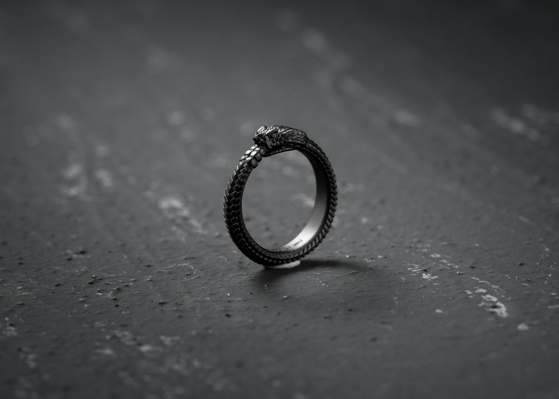 Elegant black metal snake ring with intricate ouroboros design on a textured gray surface.