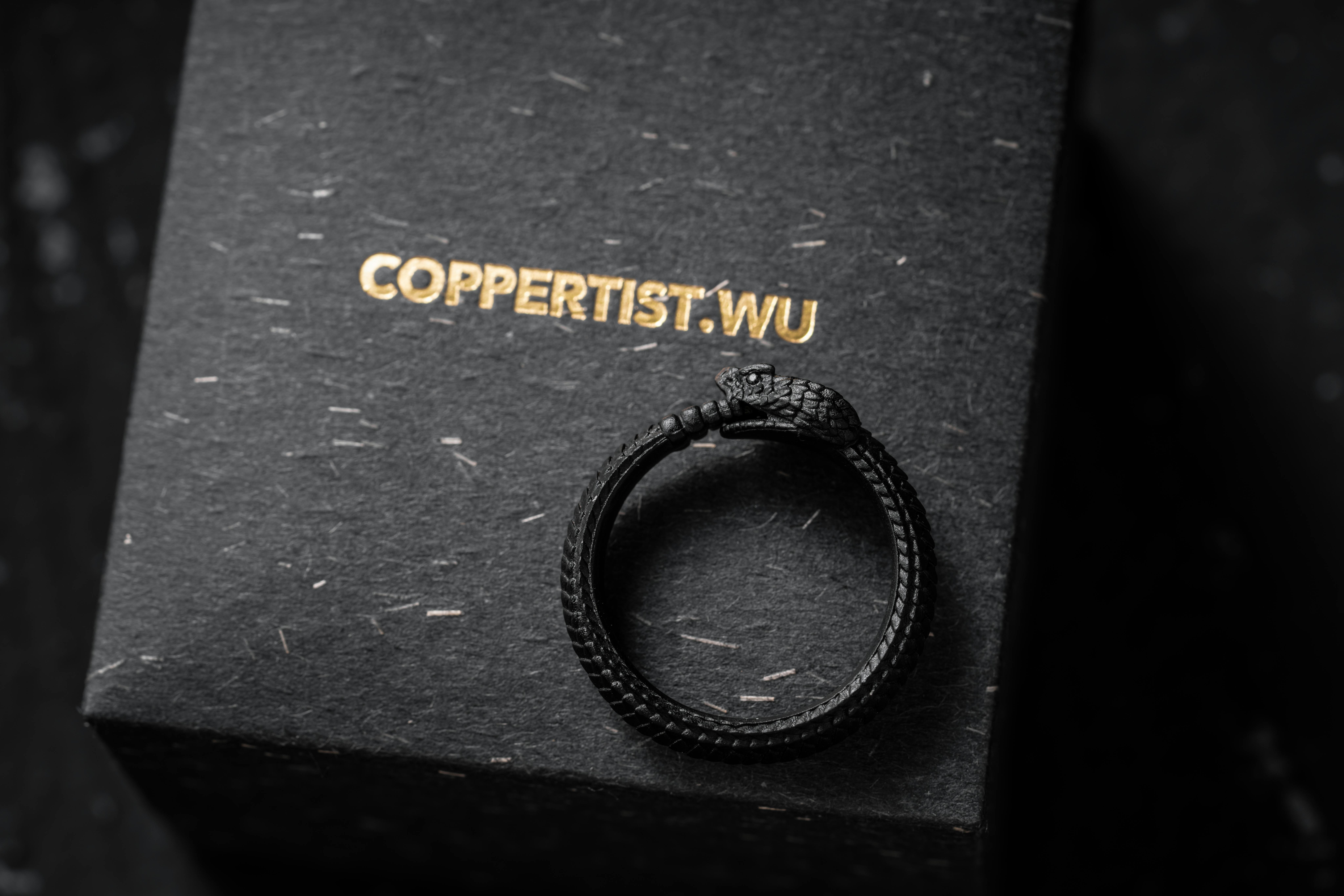 Close-up of a handmade Ouroboros snake ring resting on a Coppertist Wu box, showcasing intricate details in black metal.