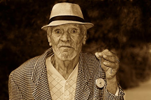 Grayscale Photo of a Man in Houndstooth Print Suit Jacket Wearing a Hat