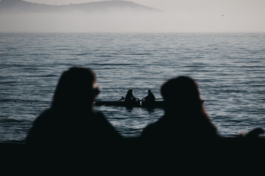 Silhouetted figures in a rowboat create a serene scene on a misty sea.