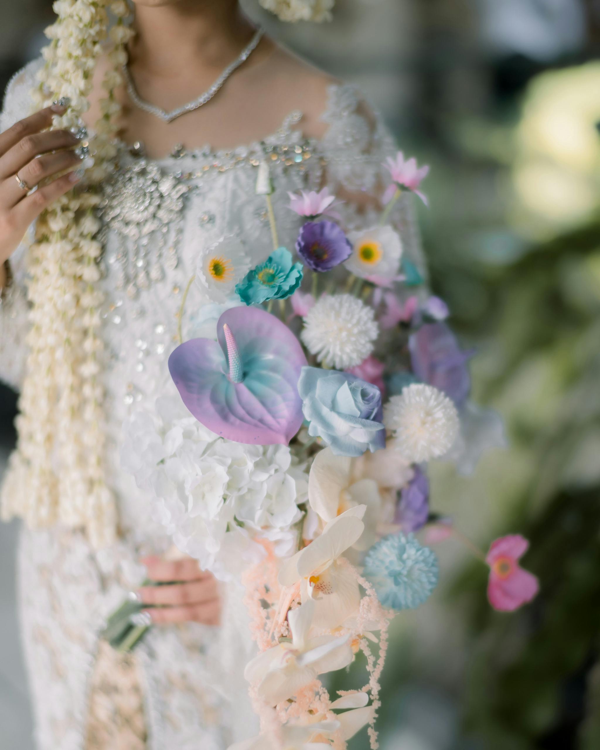 flowers and decorations on wedding dress