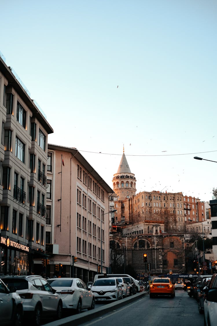 City Traffic With The Galata Tower In The Background