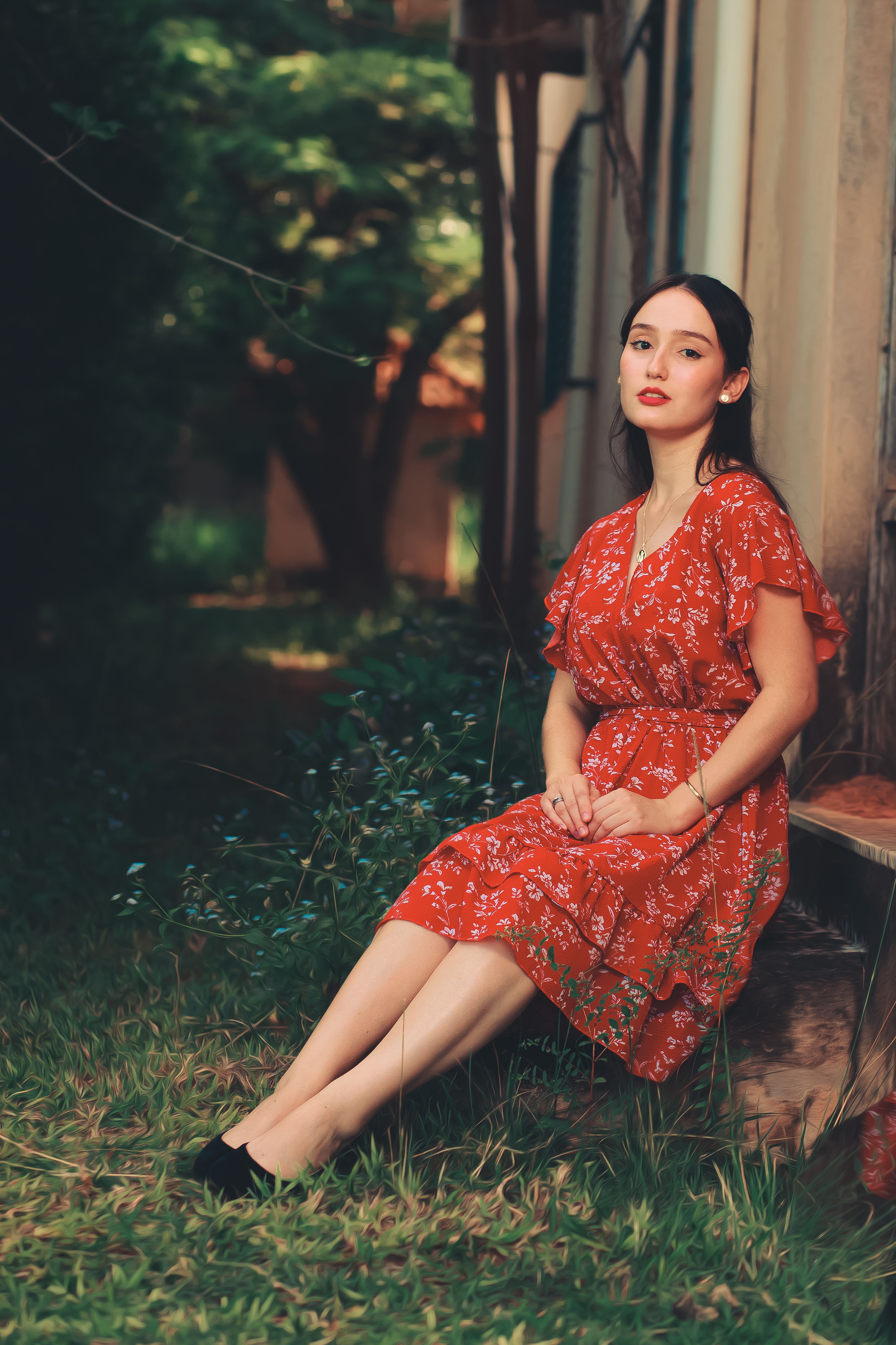 Woman in Red Dress Sitting on Grass · Free Stock Photo