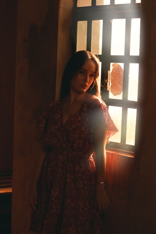 Free A woman stands in a sunlit room, leaning against a window. The image captures a warm, moody atmosphere. Stock Photo