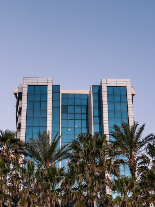 Free A modern building with glass windows and palm trees against a clear sky. Stock Photo