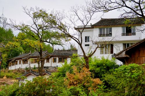 Free Scenic view of traditional village houses nestled in lush greenery. Stock Photo
