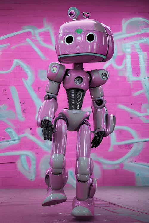 Free Cute Android Walking in front of a Graffiti Wall Stock Photo