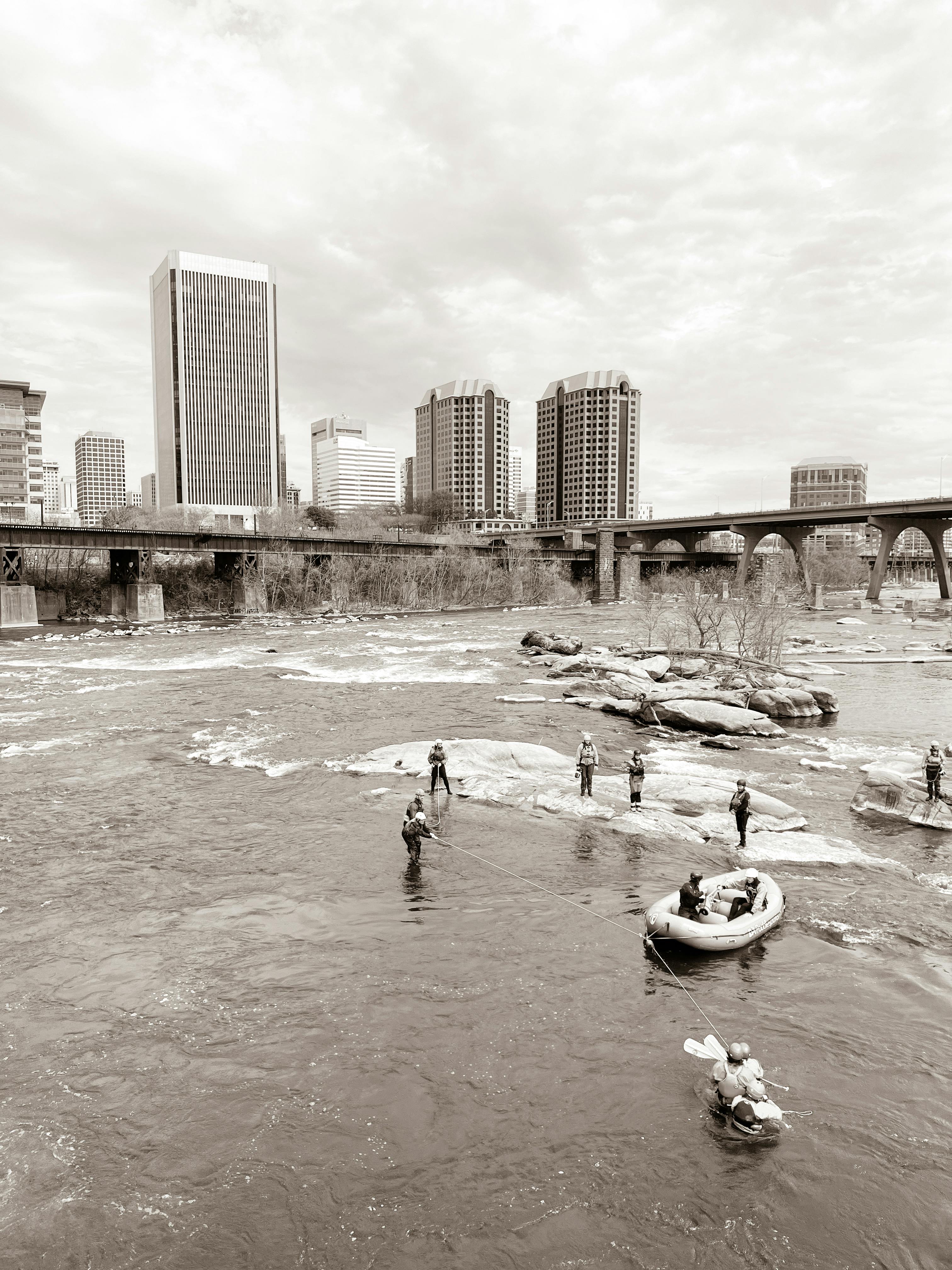 People and Inflatable Boats on James River in Richmond, Virginia, USA