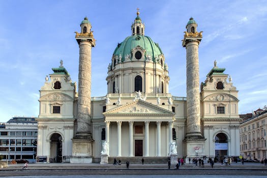 Stunning view of St. Charles Church, a Baroque architectural masterpiece in Vienna, Austria. by Pixabay