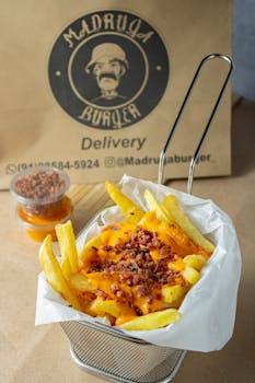 Tasty basket of french fries topped with cheddar cheese sauce and crispy bacon bits, perfect for delivery.