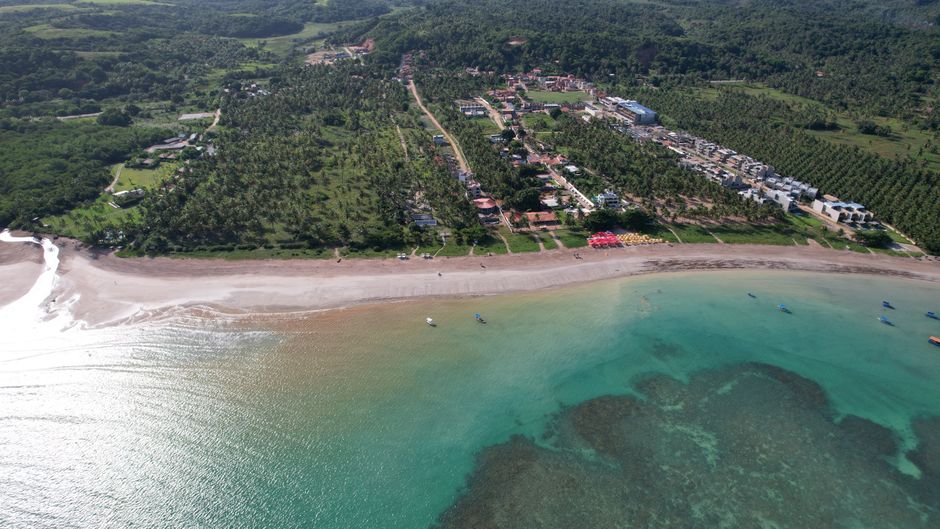 Drone shot of São Miguel dos Milagres beach and lush greenery on a sunny day.