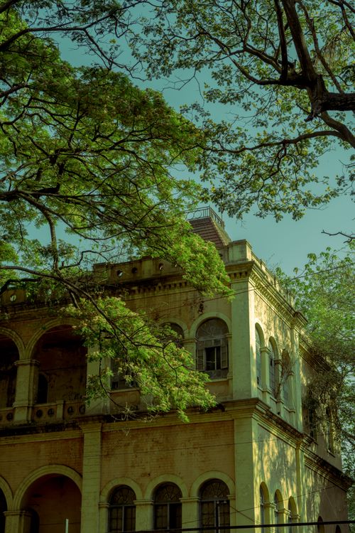 Free Vintage building facade with arches surrounded by lush spring foliage. Stock Photo