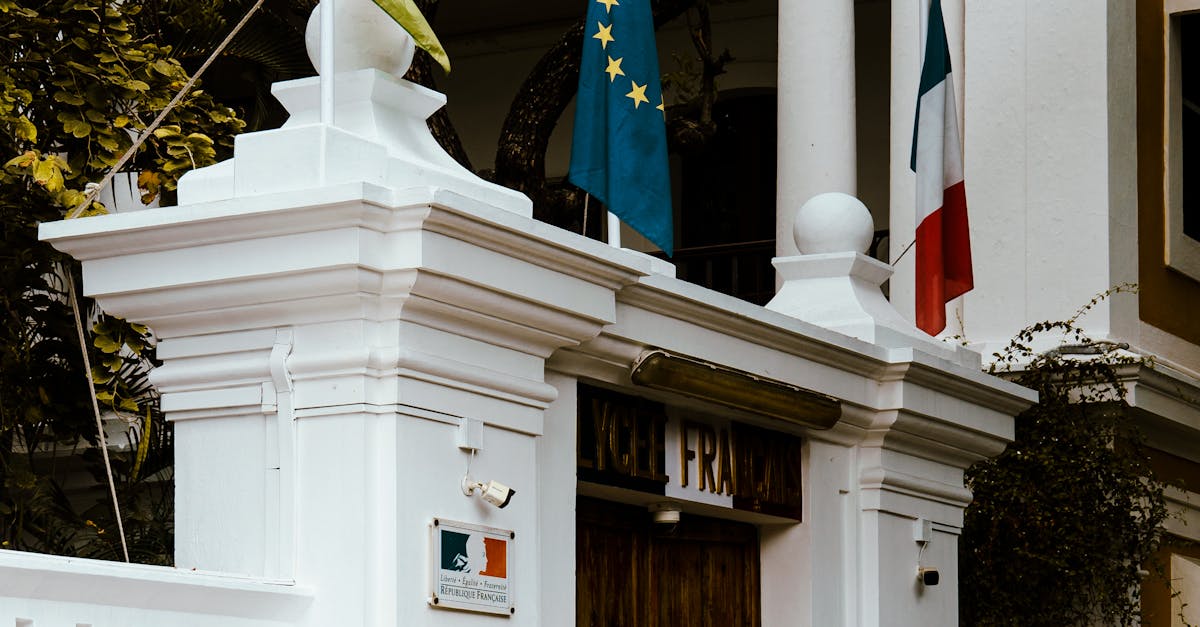 An ornate entrance with flags and a bicycle in Puducherry, India. Colonial architecture surrounded by greenery.