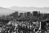 Black and White Panoramic View of Skyscrapers in City