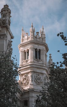 Stunning architectural detail of the Cybele Palace tower in Madrid, captured on a clear day.