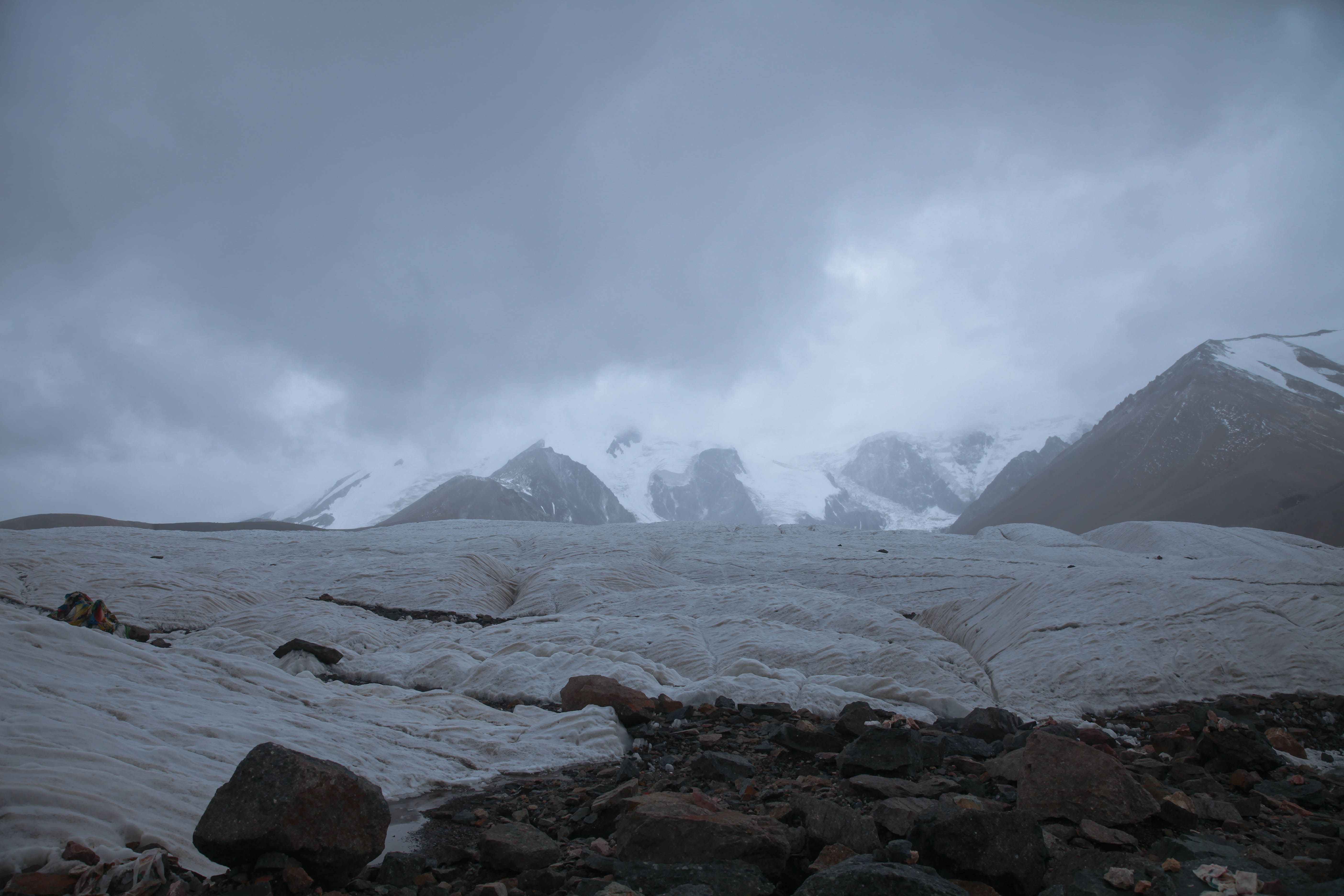 Broad Peak Expedition Pakistan - Dramatic winter landscape featuring snowcapped mountains and glacier under a moody sky.