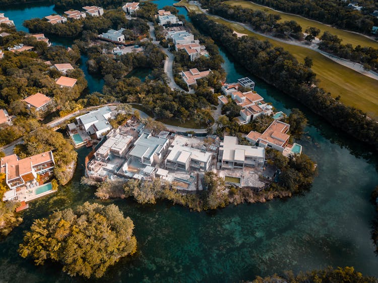 Aerial View Of Tourist Resort And A River 