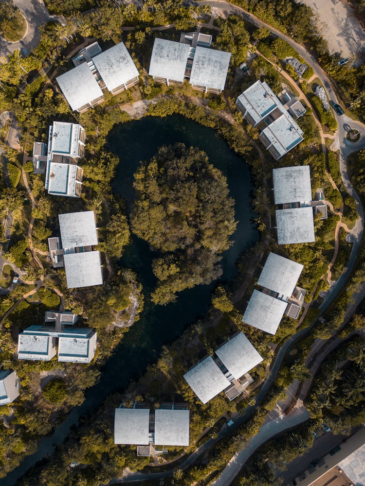 Aerial Photography Of A Tourist Resort On The Riverbank 