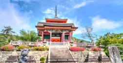 京都传统日本寺庙的壮丽景色，被郁郁葱葱的花园所环绕