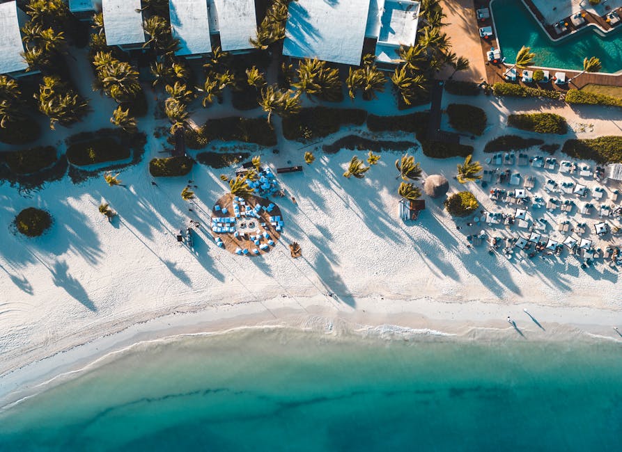 underwater caves riviera maya cenotes - Stunning aerial view of a tropical beach resort in Playa del Carmen, Mexico with palm trees and clear blue waters.
