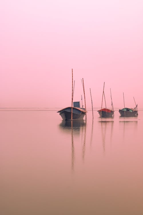 Boats on a Calm Sea Surface on the Background of a Pink Sky 