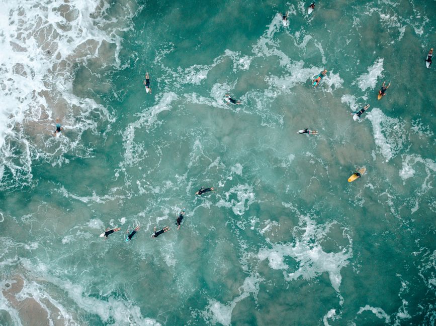 Aerial shot of surfers paddling in the turquoise waves of Coolangatta, Australia.