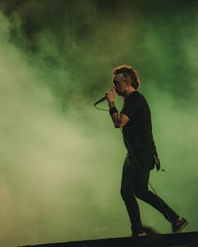 Energetic musician singing at a concert surrounded by dramatic smoke effects.