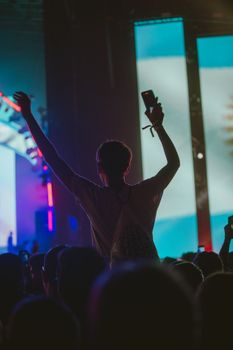 Silhouette of an audience member at a vibrant music festival.