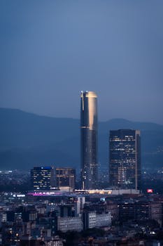 Stunning nighttime view of Mexico City's skyline with iconic skyscrapers.