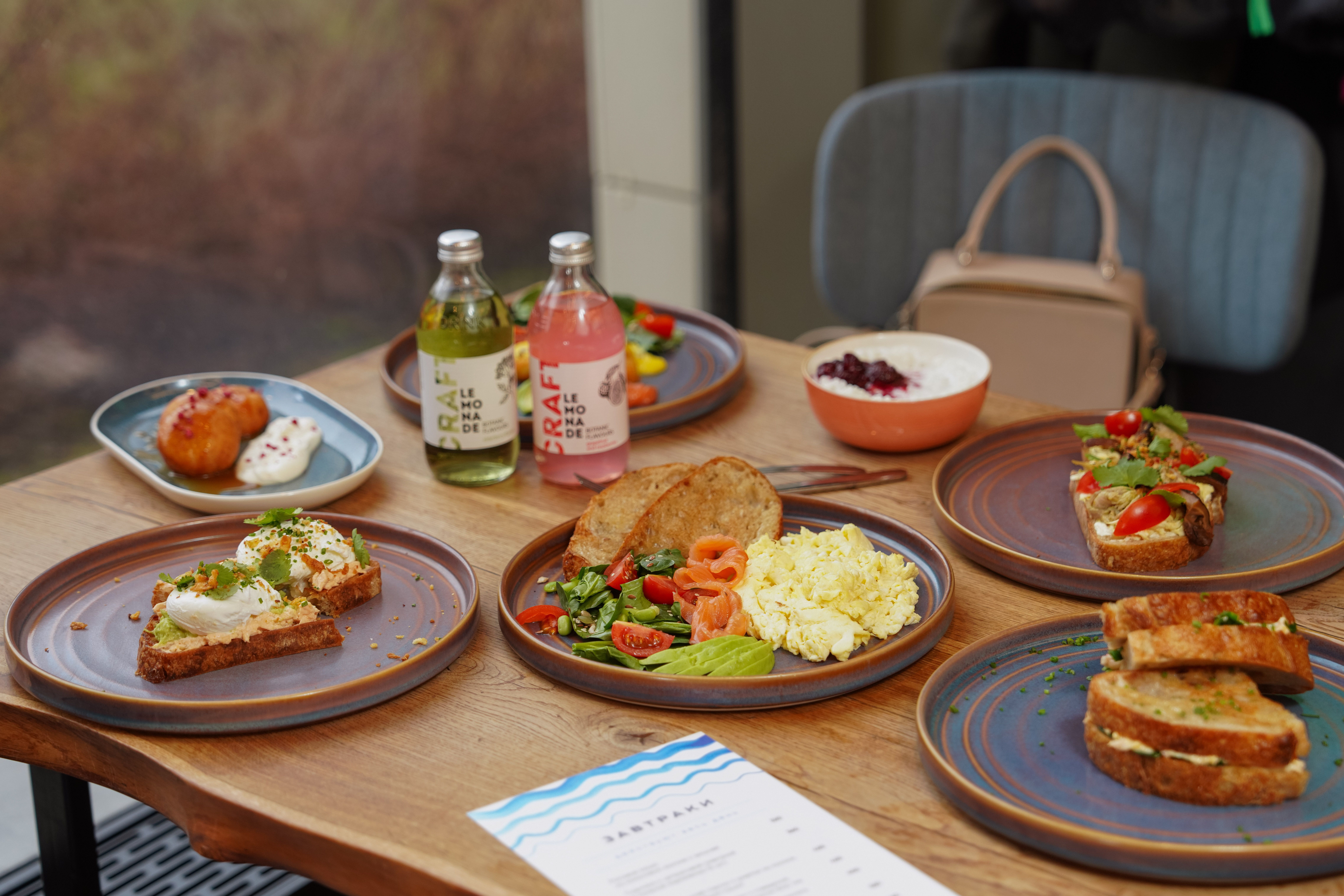 A beautiful spread of fresh brunch dishes and morning drinks