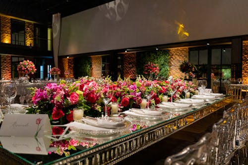 Elegant Banquet Setup with Pink Flower Arrangements 