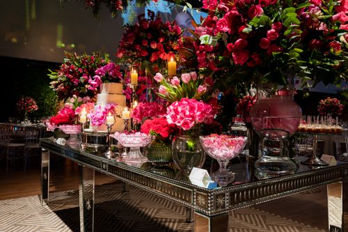 Tiered wedding cake with pink florals