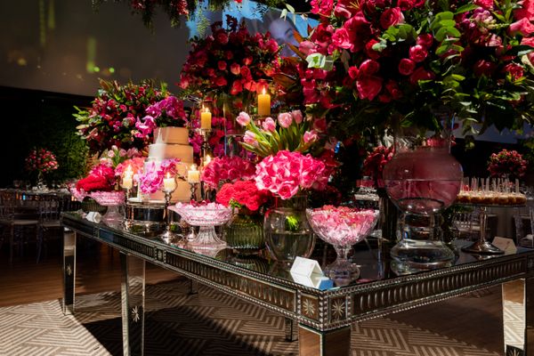 Dessert table with pink cake and florals