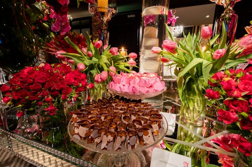 Dessert Table Decorated with Pink Flowers