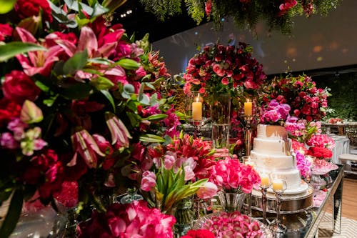 Dessert Table Decorated with Pink Flowers