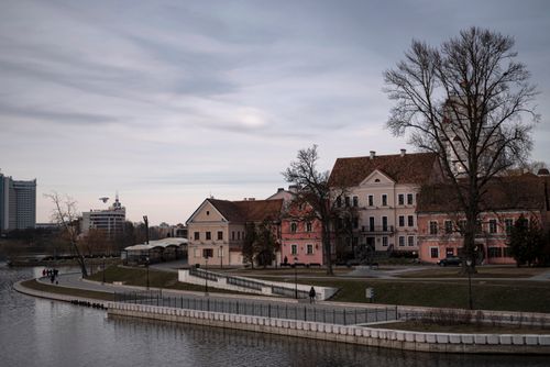 Free Charming cityscape of Minsk with historic buildings along the Svislach River. Stock Photo
