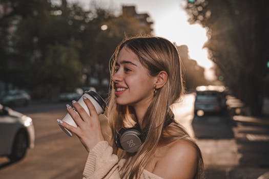 Smiling woman with headphones enjoys coffee on city street during sunset.